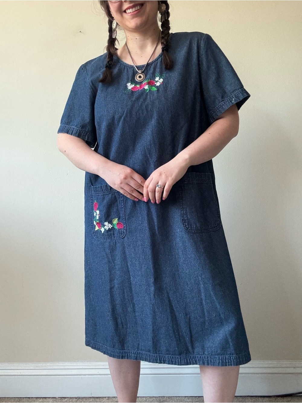 Blair Denim Embroidered Pocket Dress in Dark Blue with Strawberry